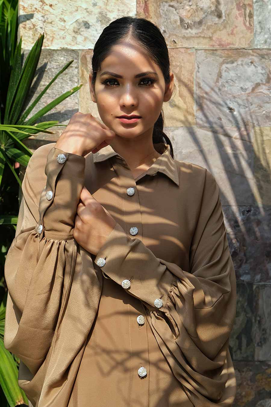 Beige Loose Fit Long Shirt