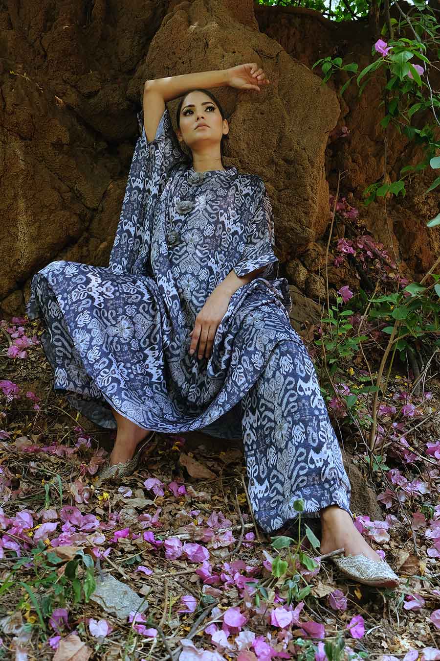 Grey Ikat Kaftan & Pant Co-Ord Set