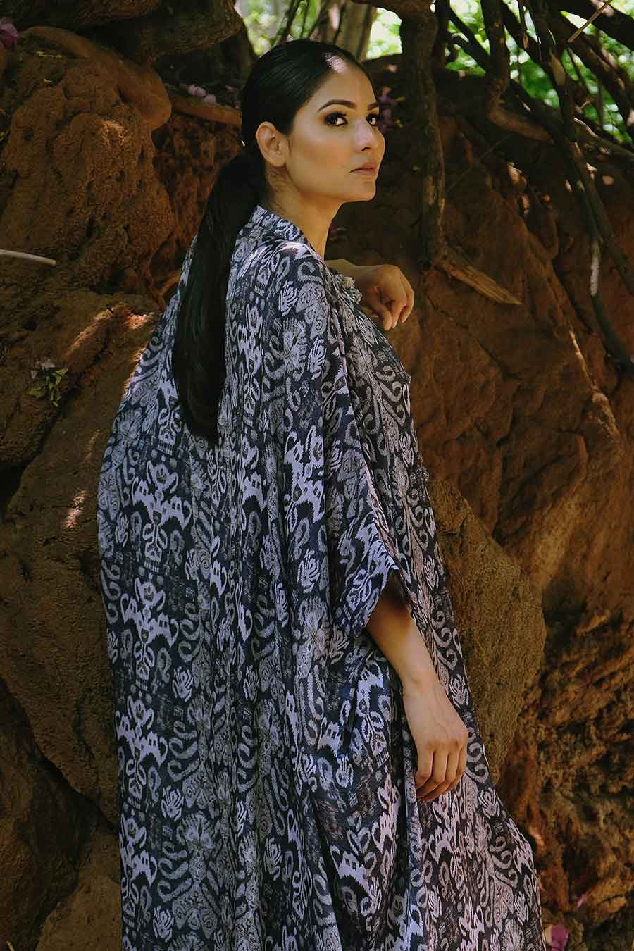 Grey Ikat Kaftan & Pant Co-Ord Set