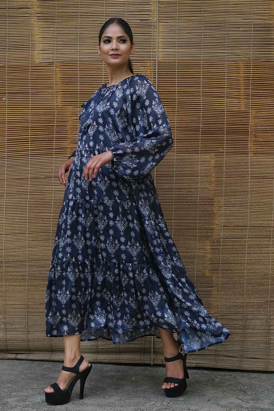 Blue Printed Tiered Dress
