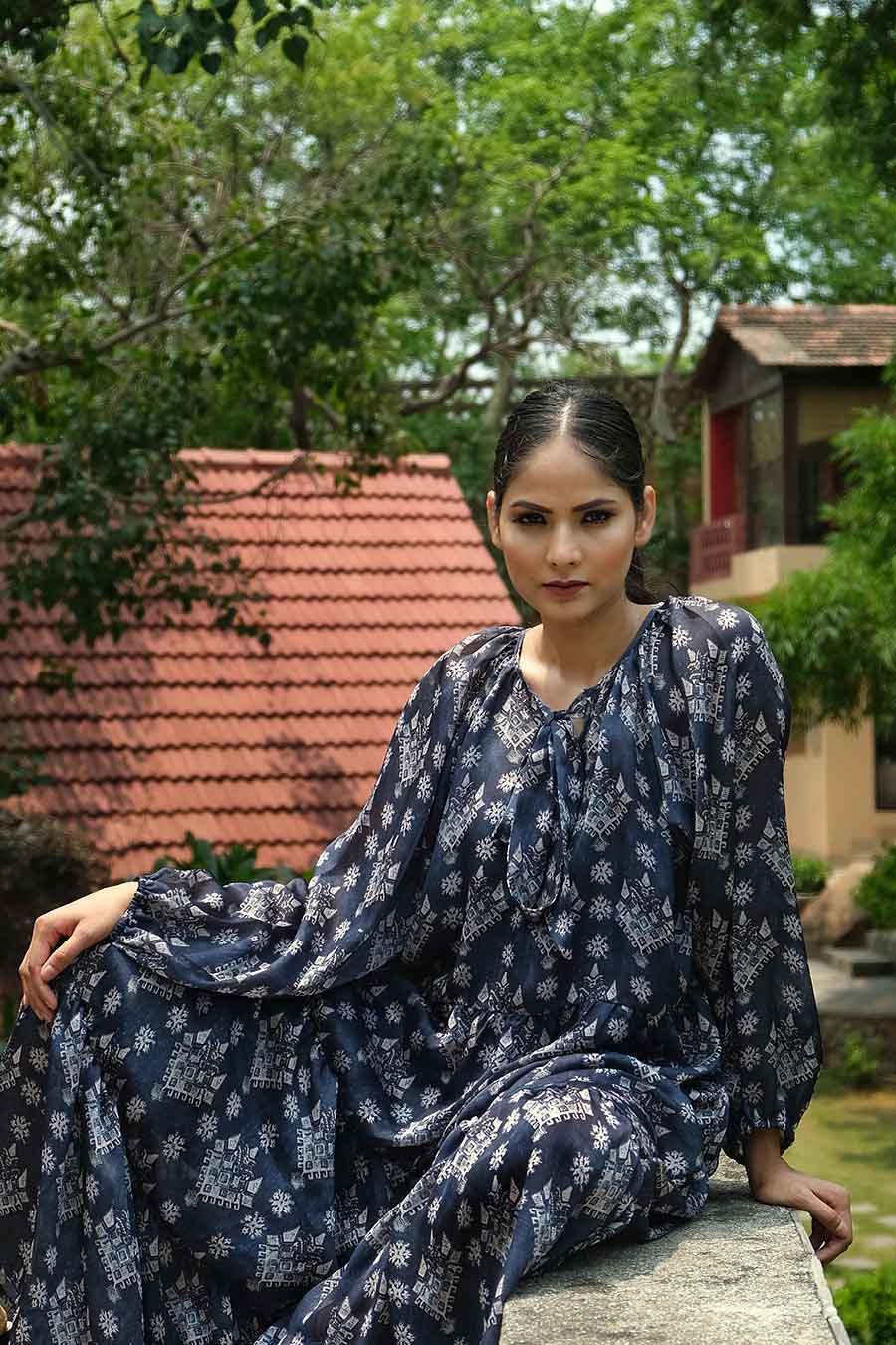 Blue Printed Tiered Dress