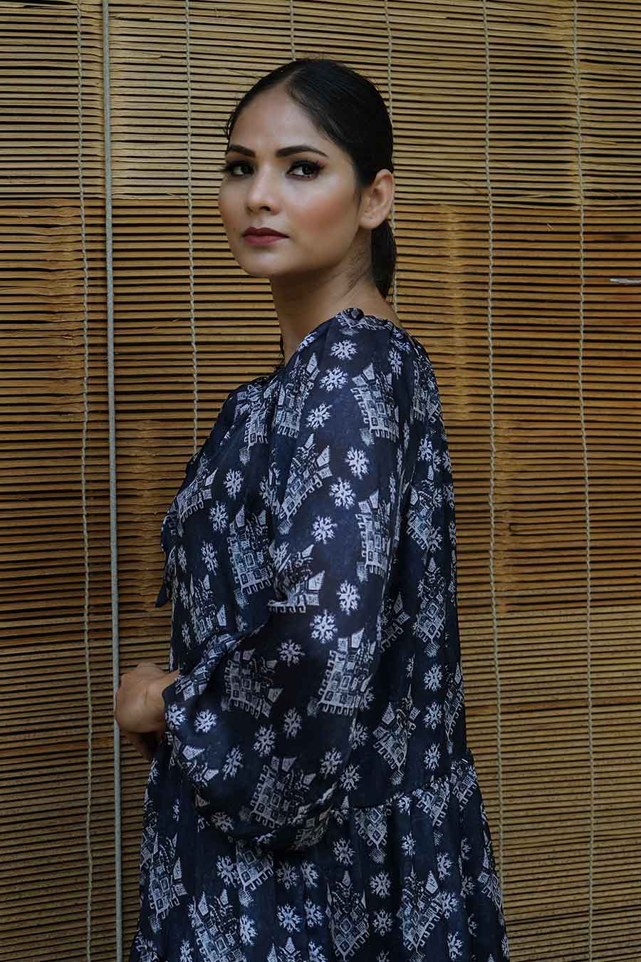 Blue Printed Tiered Dress
