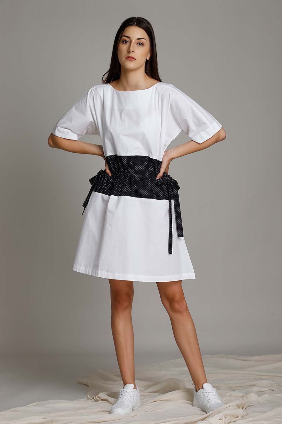 White Contrast Tie-Up Short Dress