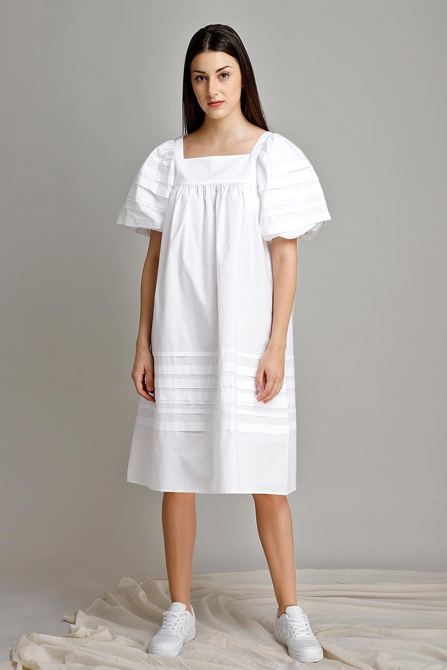 White Pleated Puff Sleeve Dress