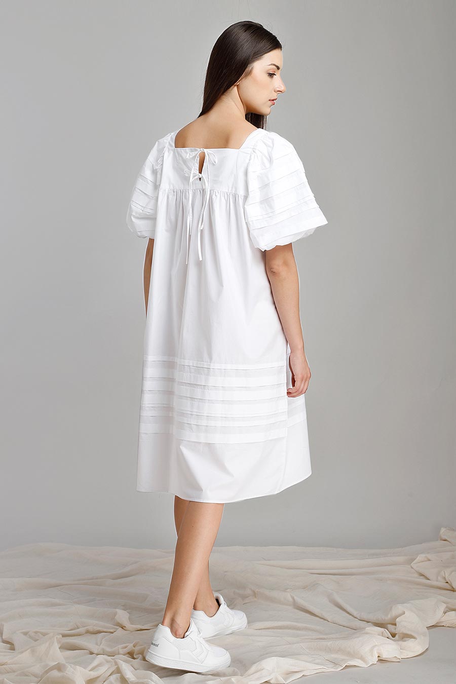 White Pleated Puff Sleeve Dress