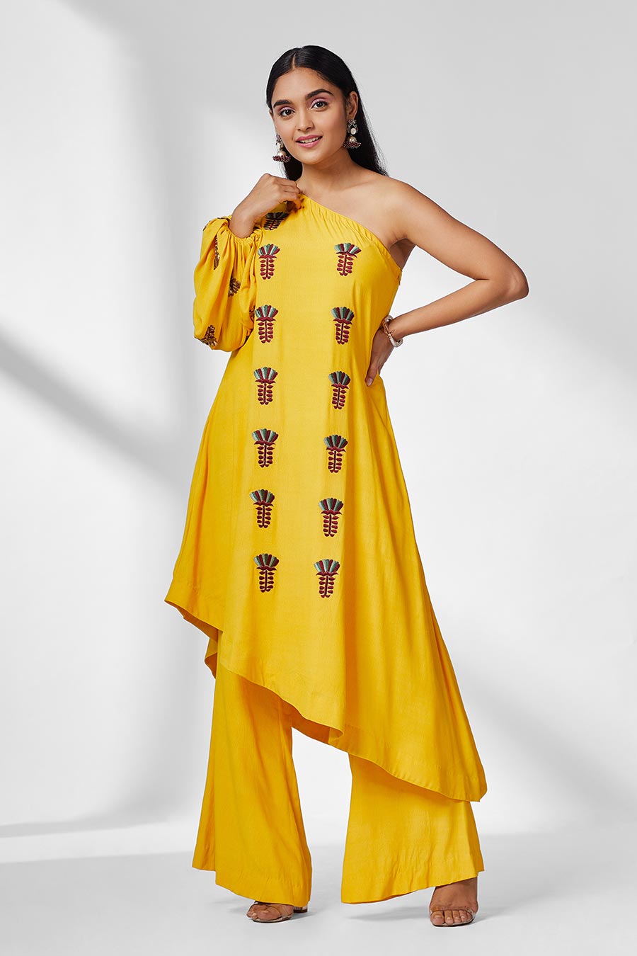 Yellow One Shoulder Tunic & Pants Co-Ord Set