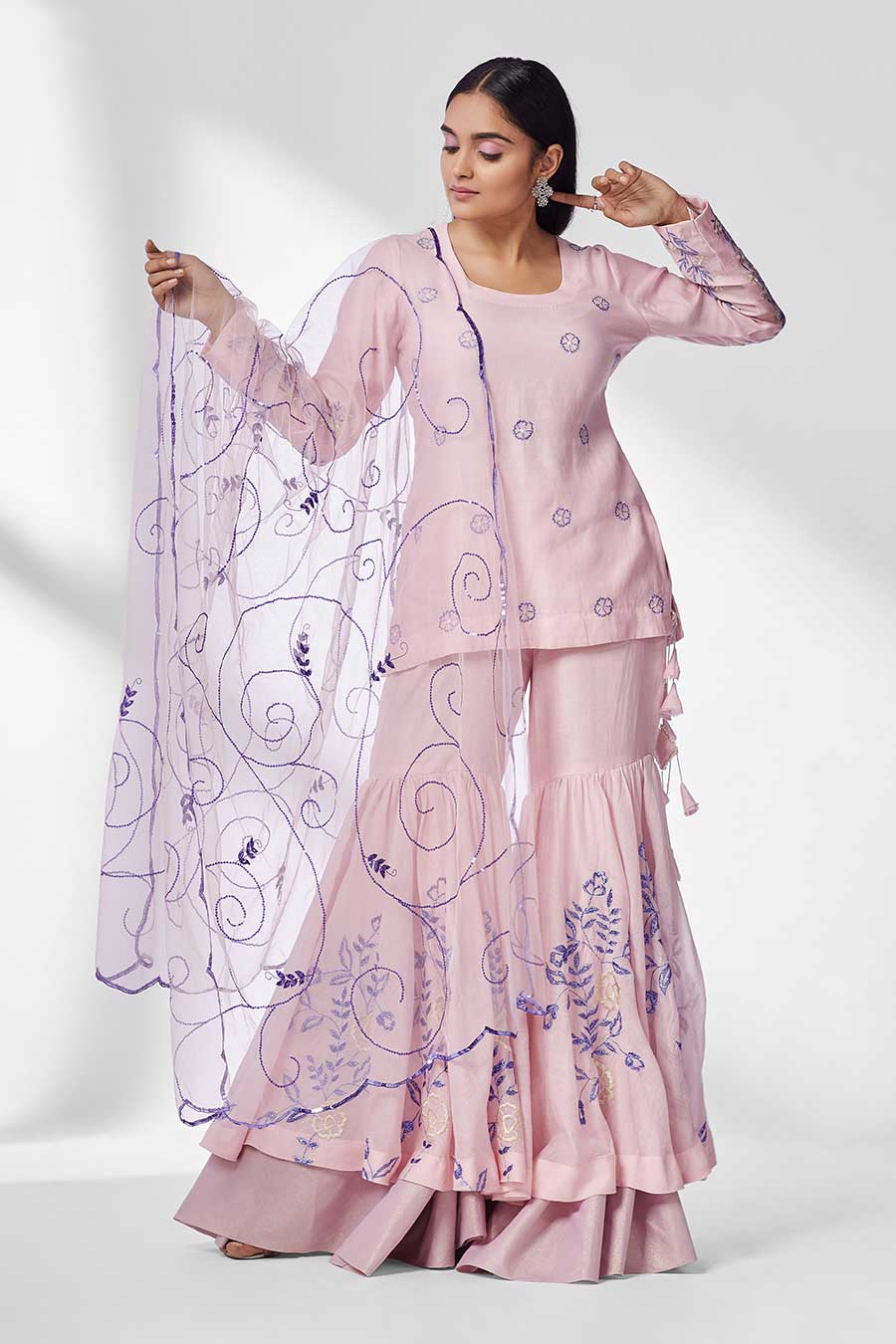 Pink Embroidered Gharara Set (Set of 3)