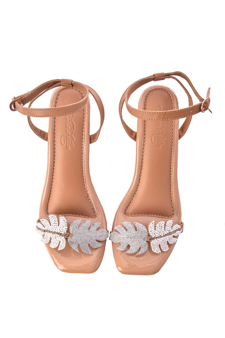 White & Silver Embroidered Leaf Heels