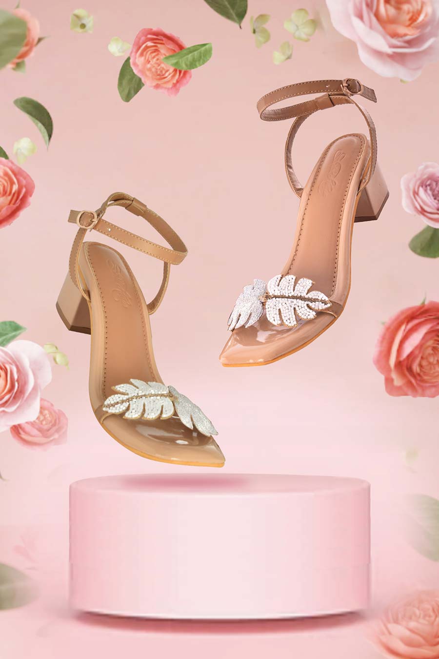 White & Silver Embroidered Leaf Heels