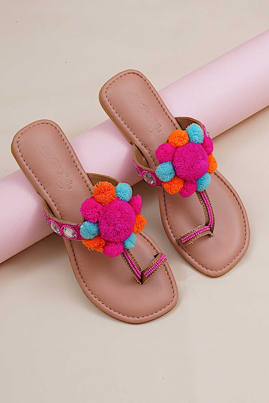 Shop Pink Pom Pom Kolhapuri Flats by SOLE HOUSE at House of Designers HOUSE OF DESIGNERS