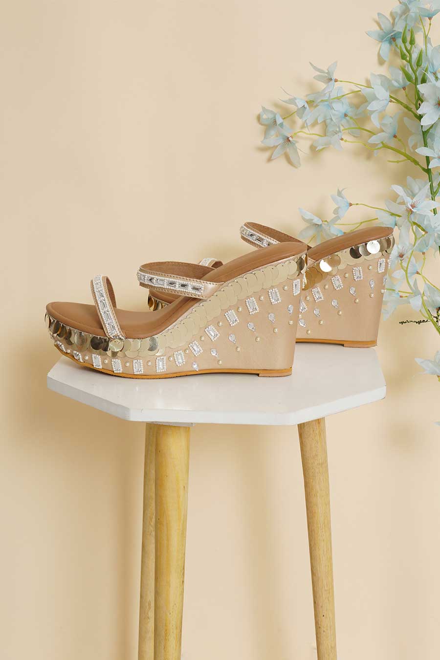 Tiara Gold Embellished Wedges