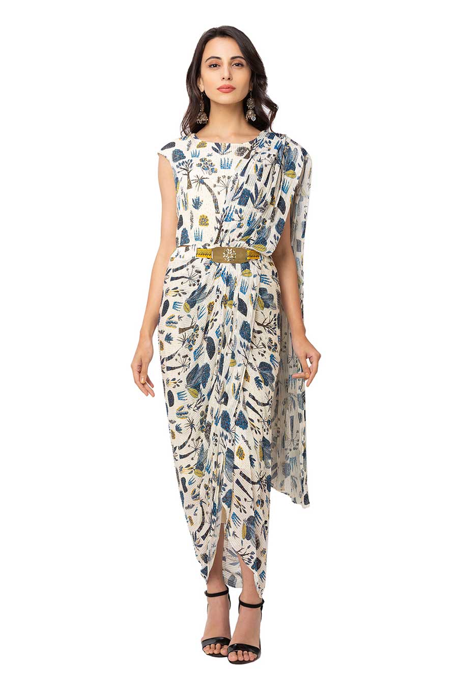 Off White Printed Drape Saree Dress