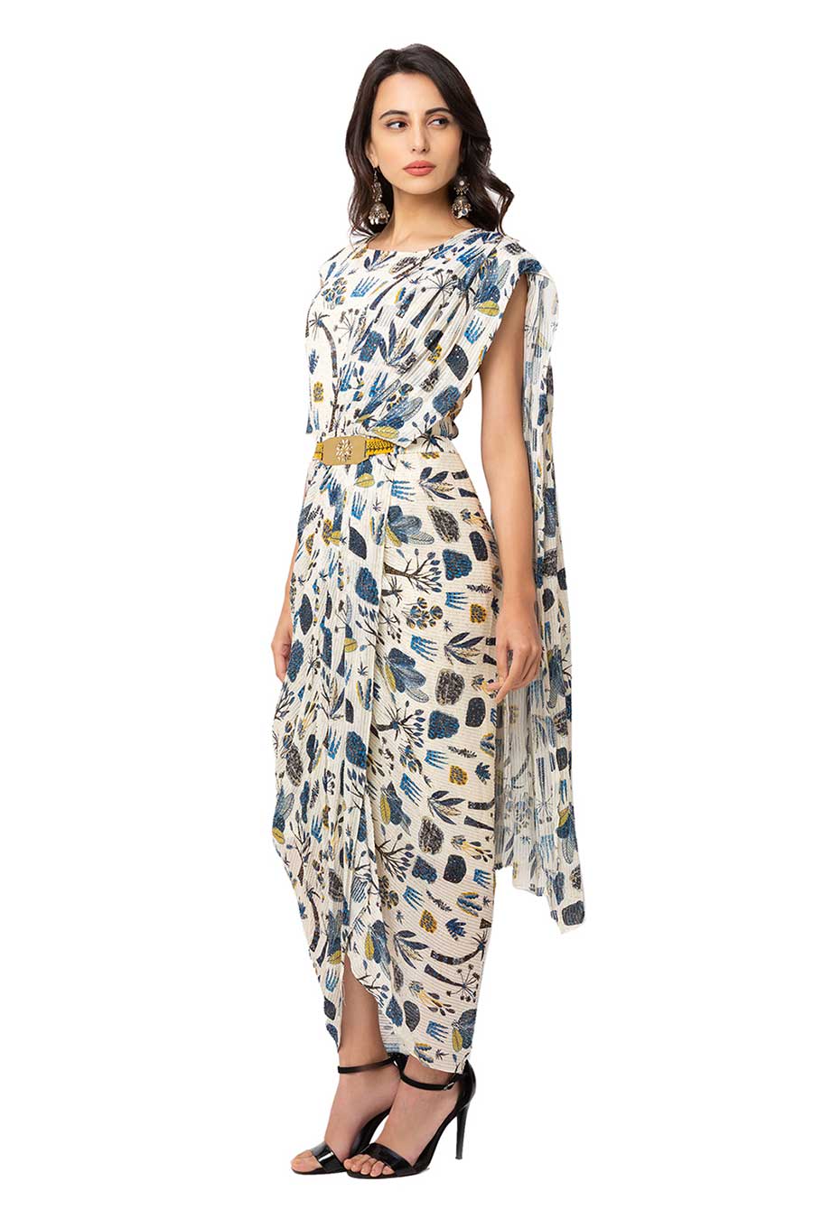 Off White Printed Drape Saree Dress