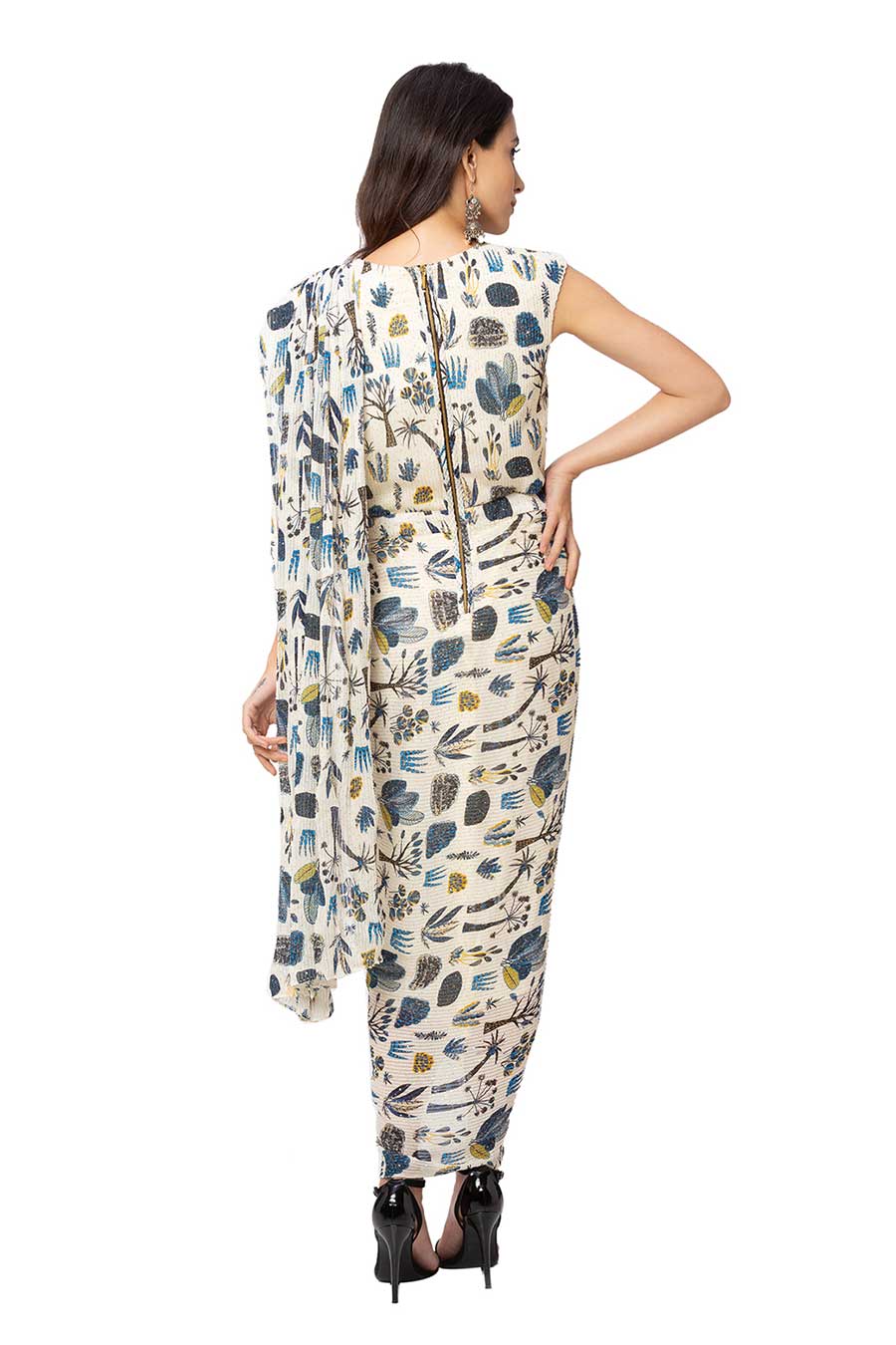 Off White Printed Drape Saree Dress