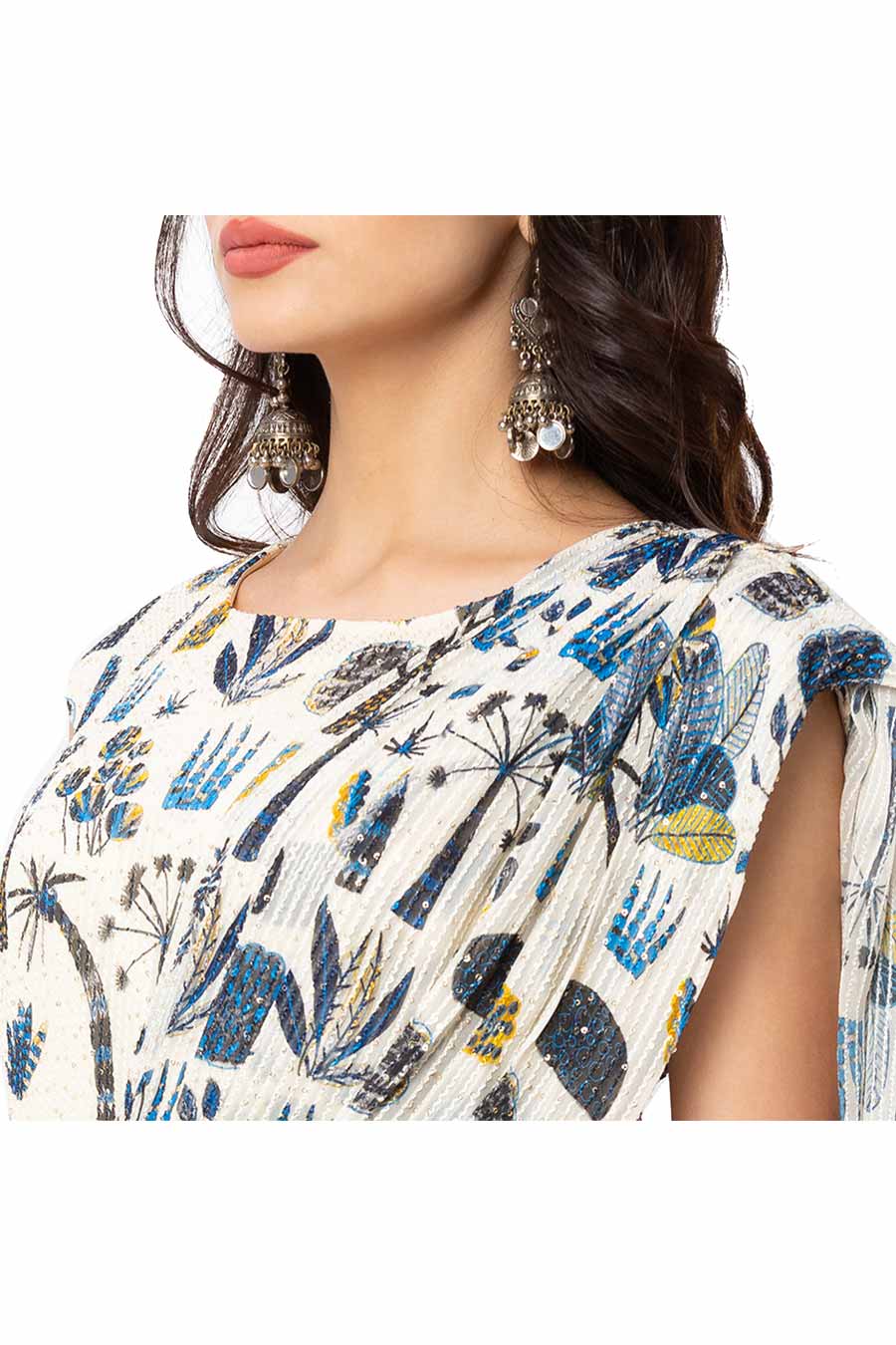 Off White Printed Drape Saree Dress