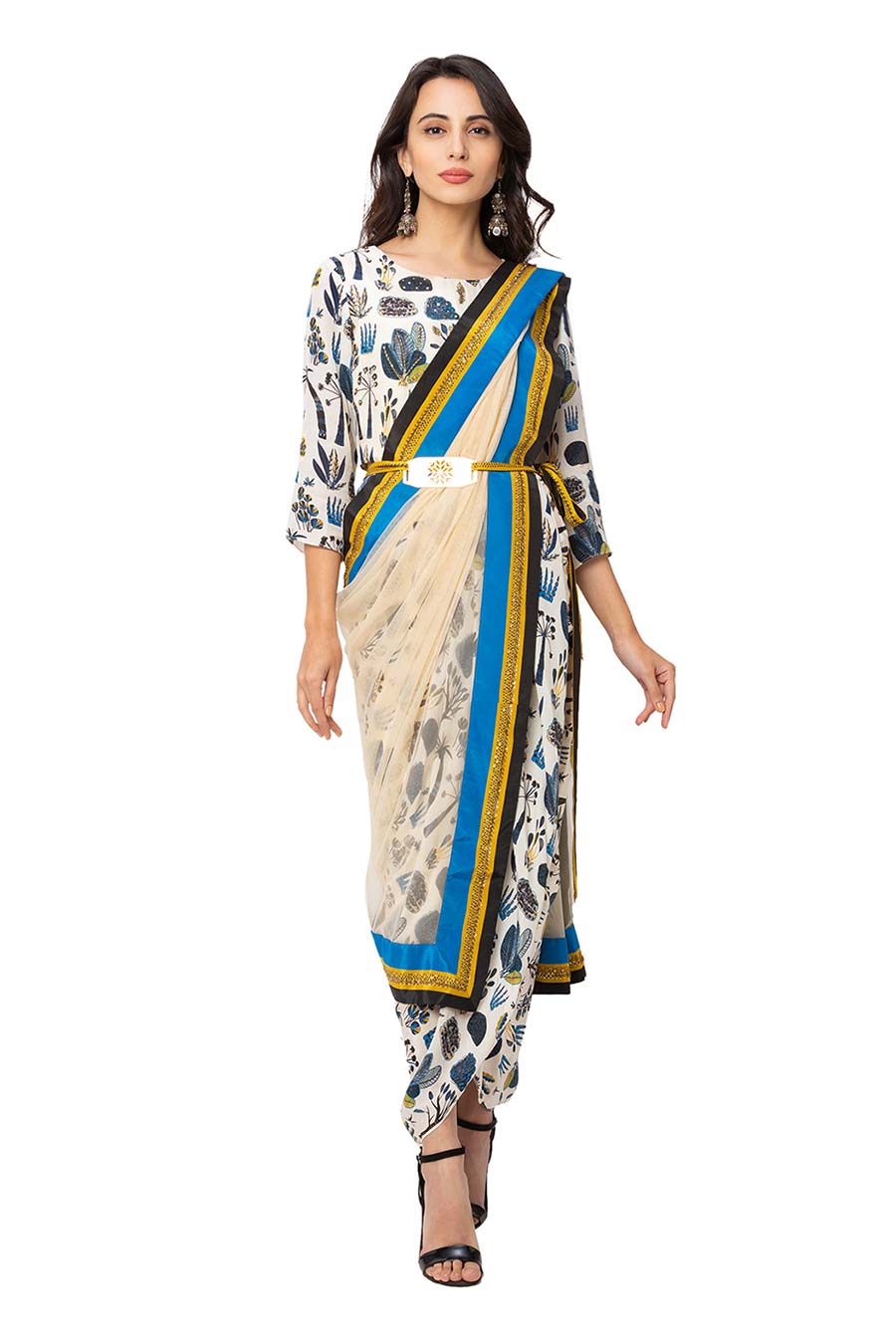 Off White Pre-Stitched Saree Dress