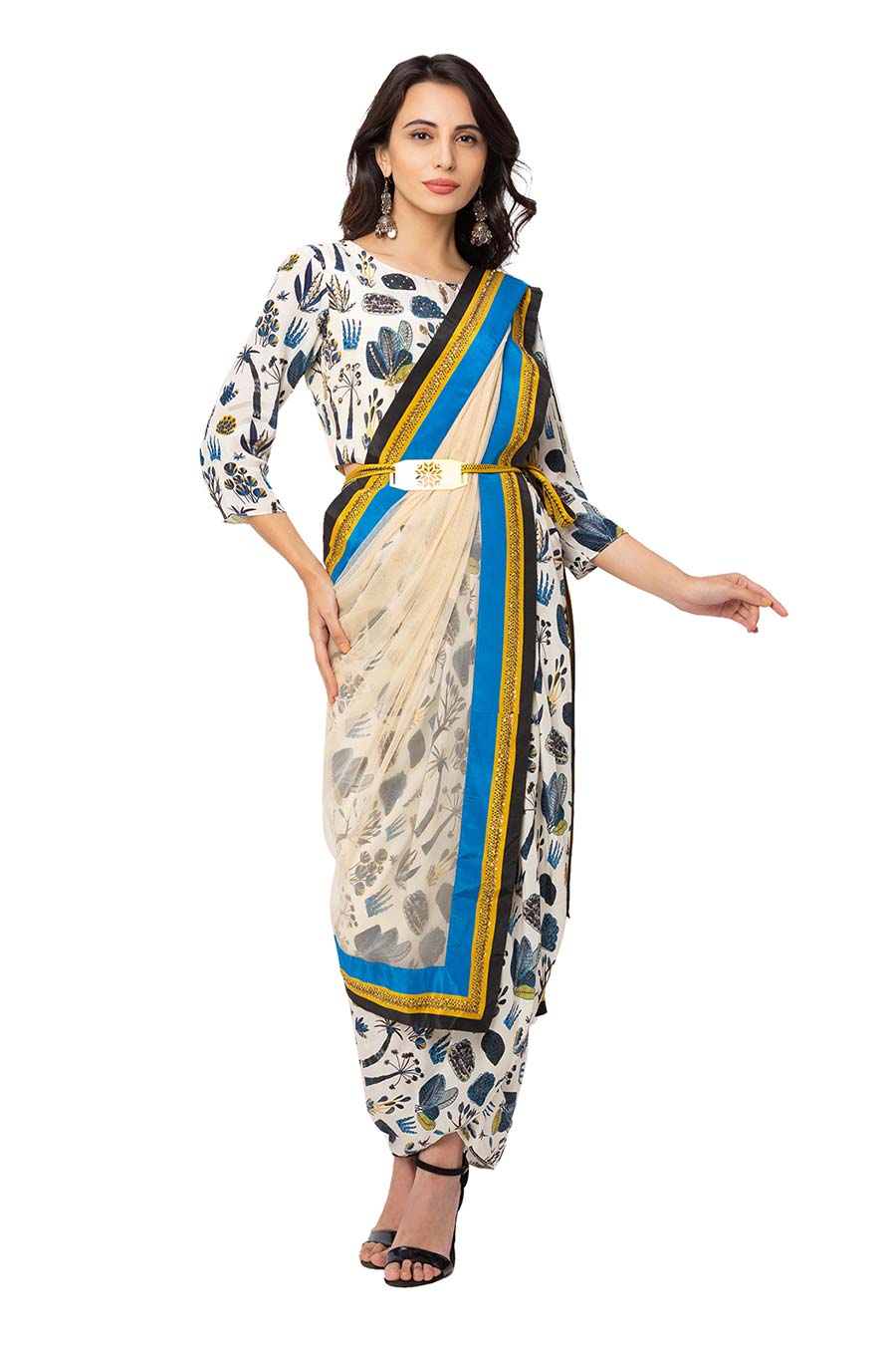 Off White Pre-Stitched Saree Dress