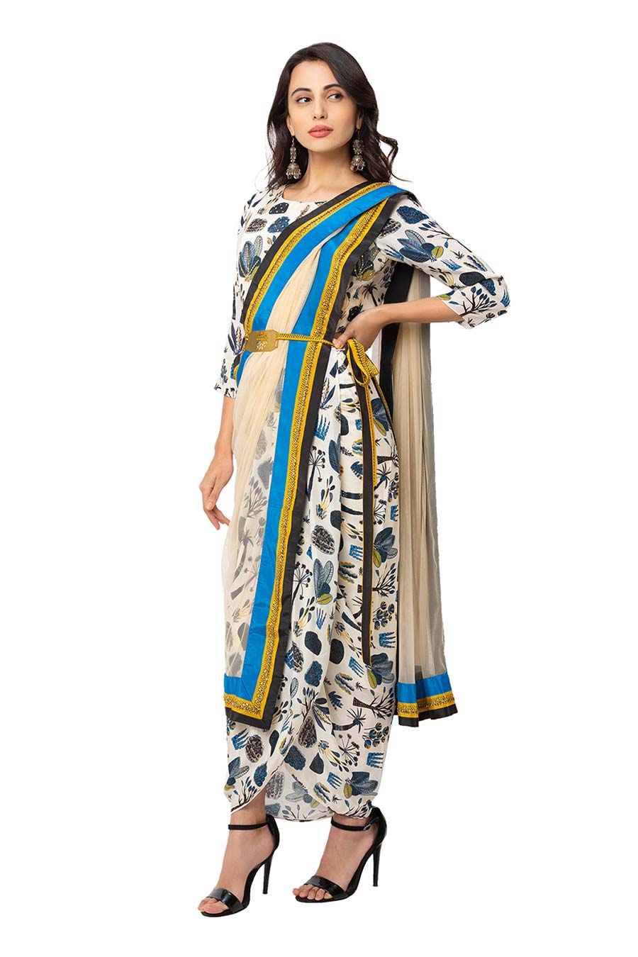 Off White Pre-Stitched Saree Dress