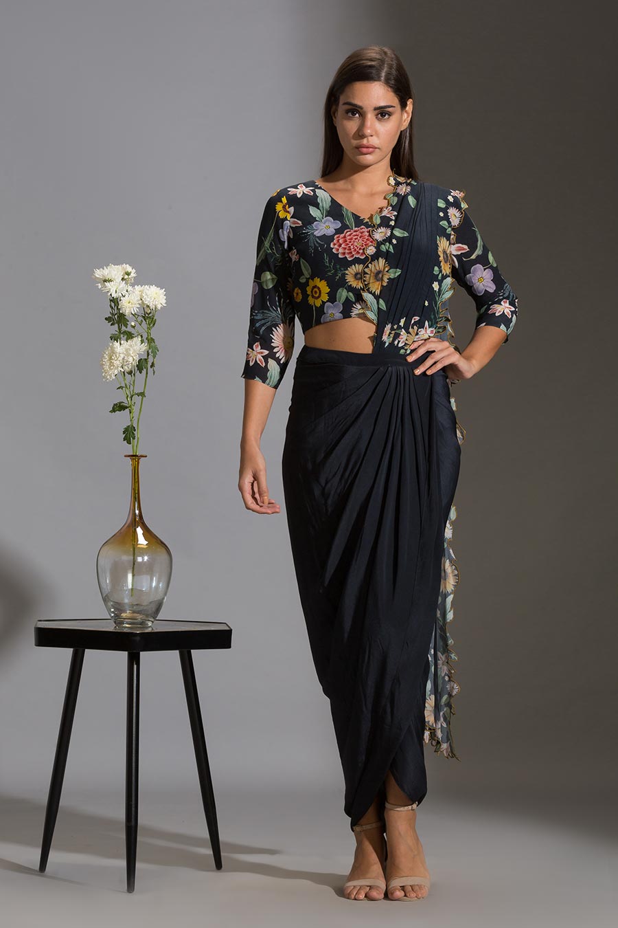 Shop Navy Blue Drape Saree Skirt & Blouse Set by SOUP BY SOUGAT