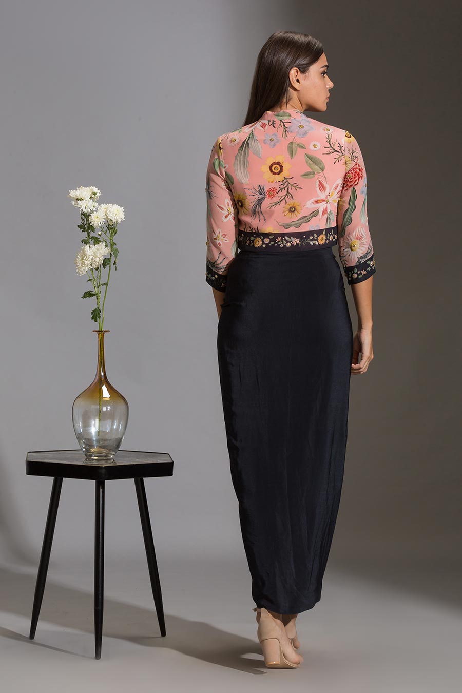 Pink Jacket Top & Navy Dhoti Skirt Set