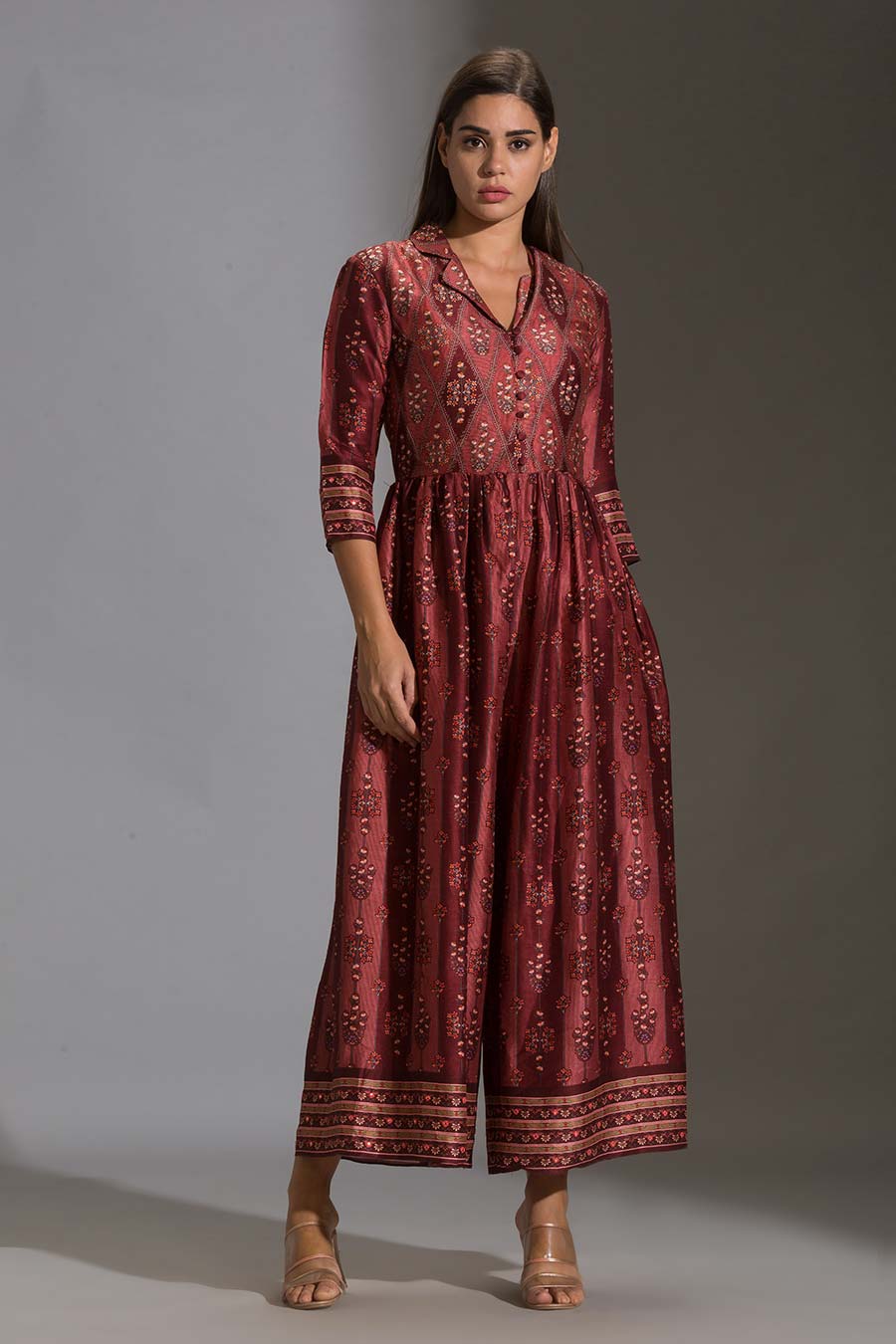 Maroon Printed Silk Jumpsuit
