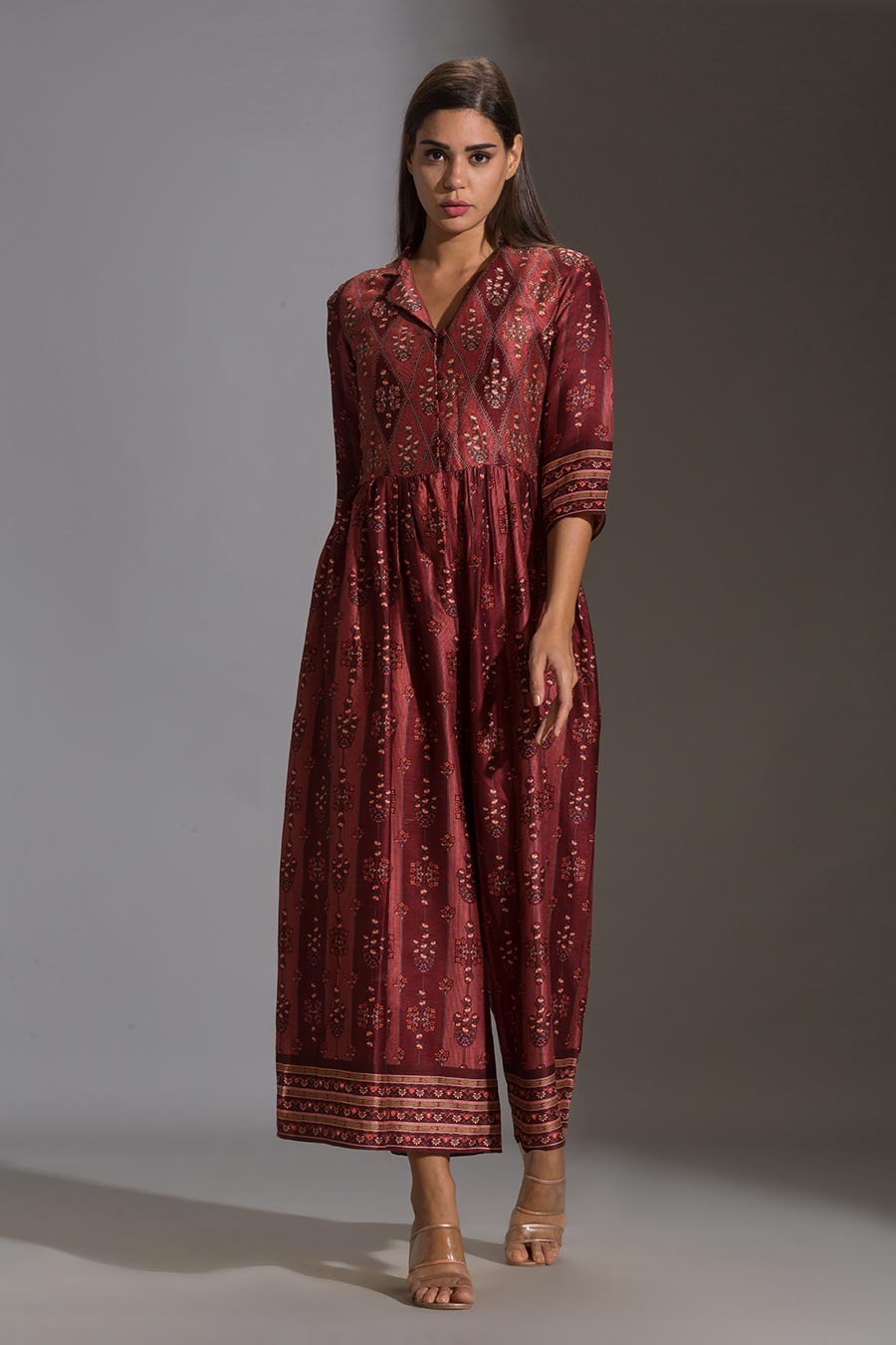 Maroon Printed Silk Jumpsuit