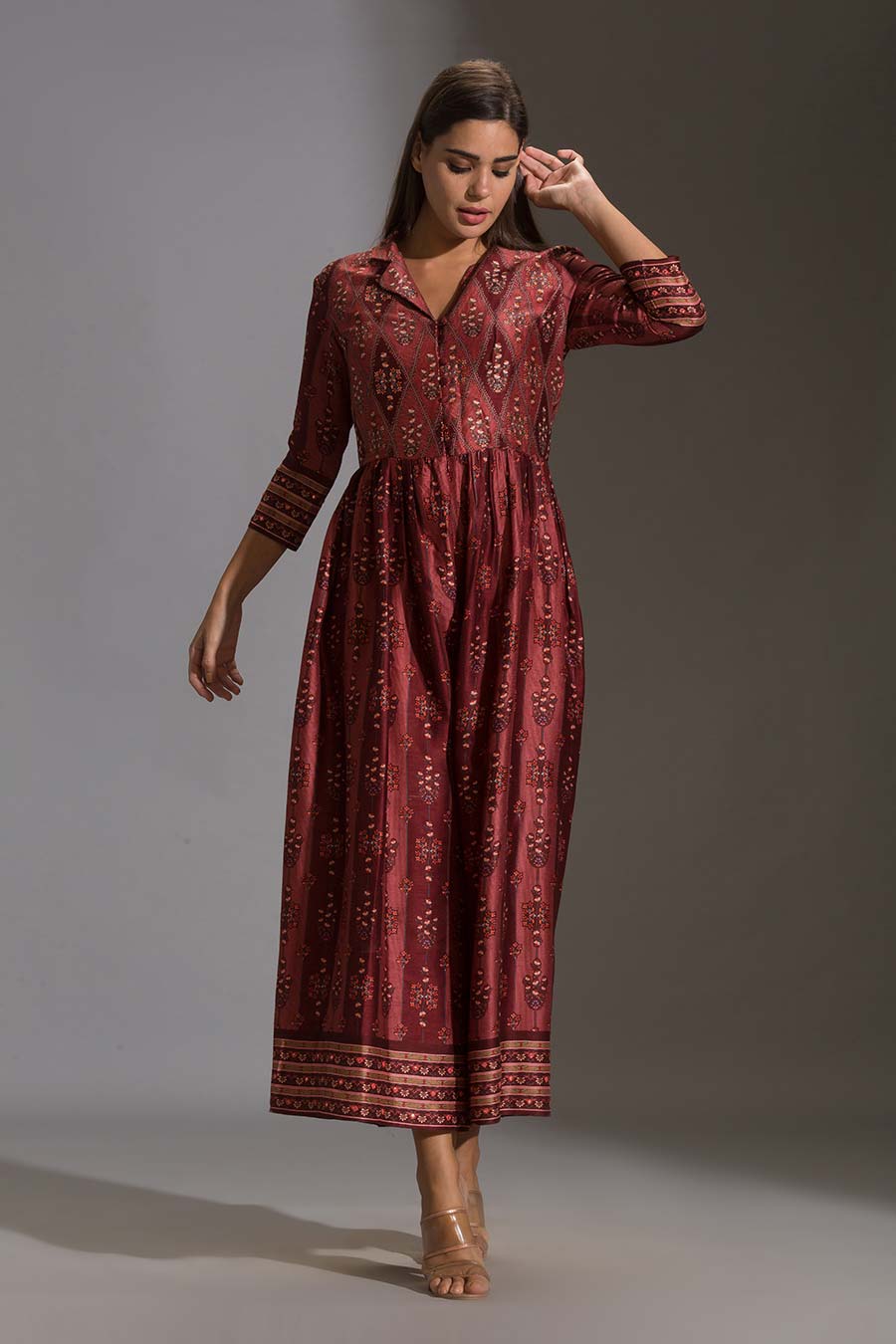 Maroon Printed Silk Jumpsuit
