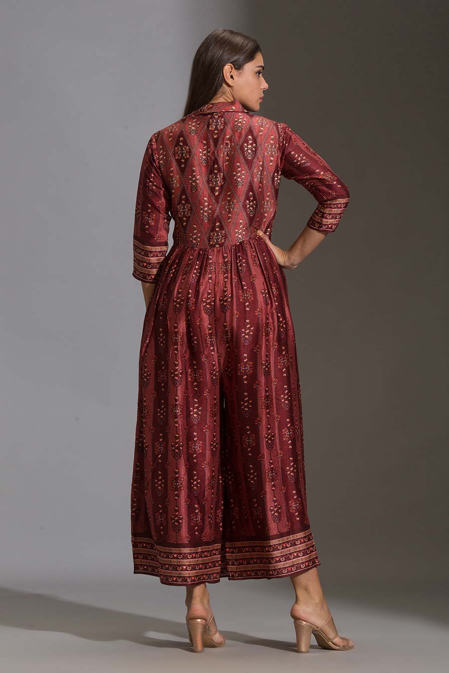 Maroon Printed Silk Jumpsuit