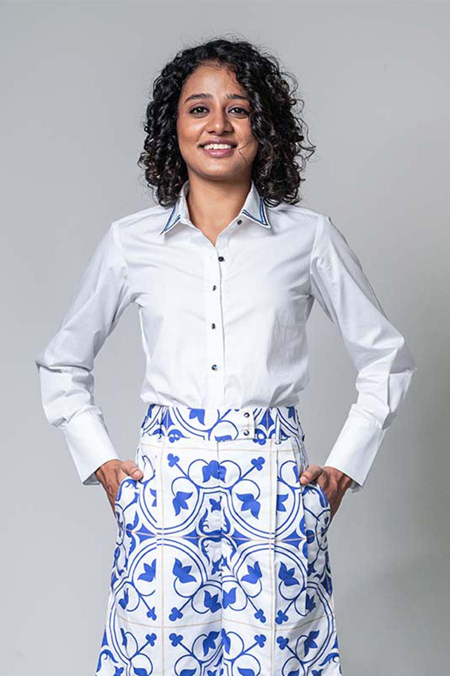 White Printed Accented Collared Shirt