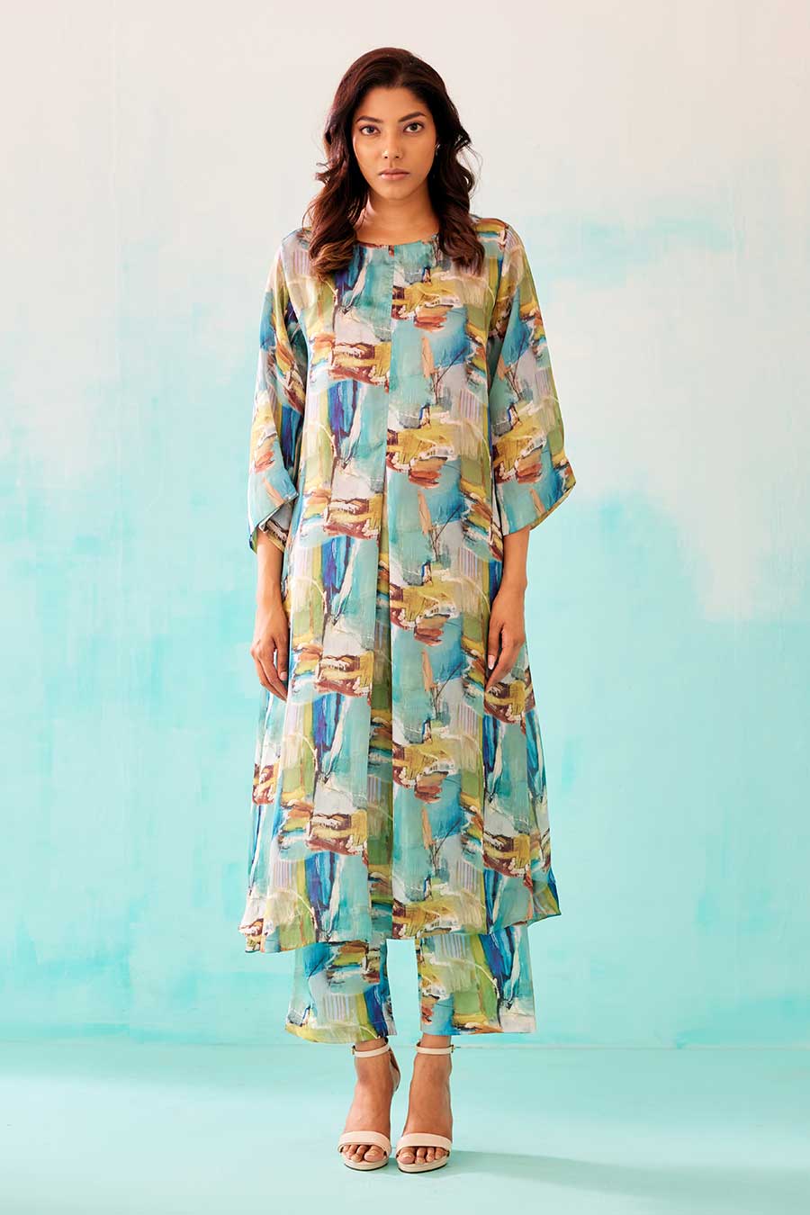 Brushstroke Print A-Line Tunic Dress & Pant Set