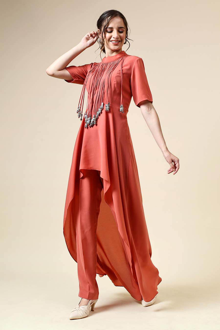 Pastel Orange Metallic Fringe Co-Ord Set