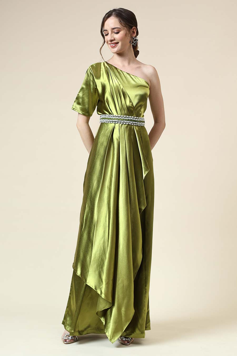 Metallic Green Drape Jumpsuit With Embellished Belt