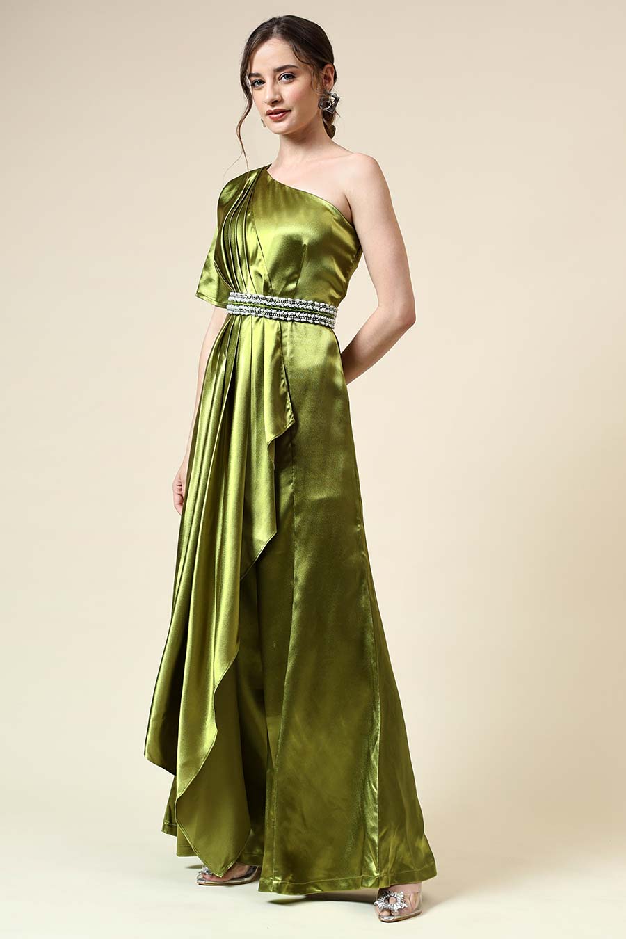 Metallic Green Drape Jumpsuit With Embellished Belt