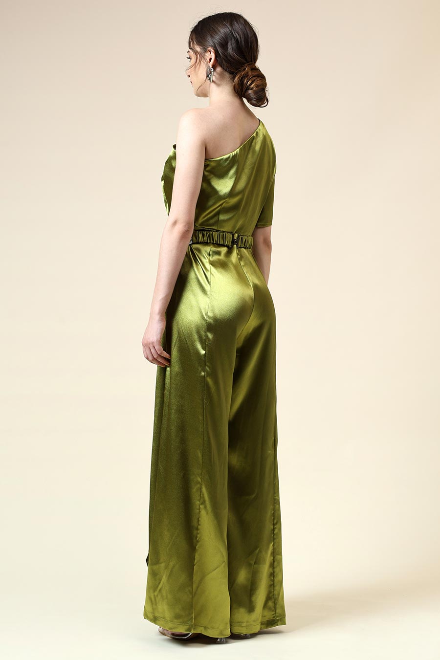 Metallic Green Drape Jumpsuit With Embellished Belt