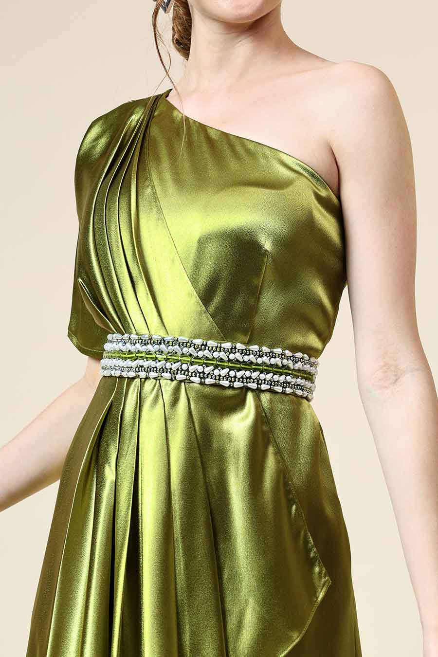 Metallic Green Drape Jumpsuit With Embellished Belt