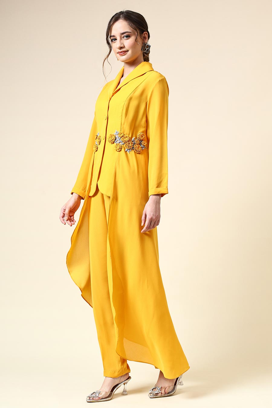 Yellow Floral Embellished Blazer Co-Ord Set