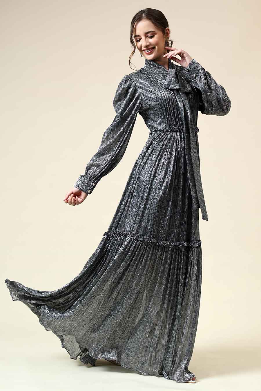 Sara Silver Lurex Tie-up Gown Dress