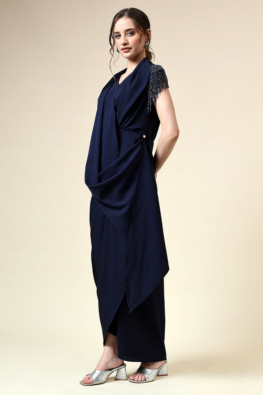 Navy Crystal Embellished Draped Dress