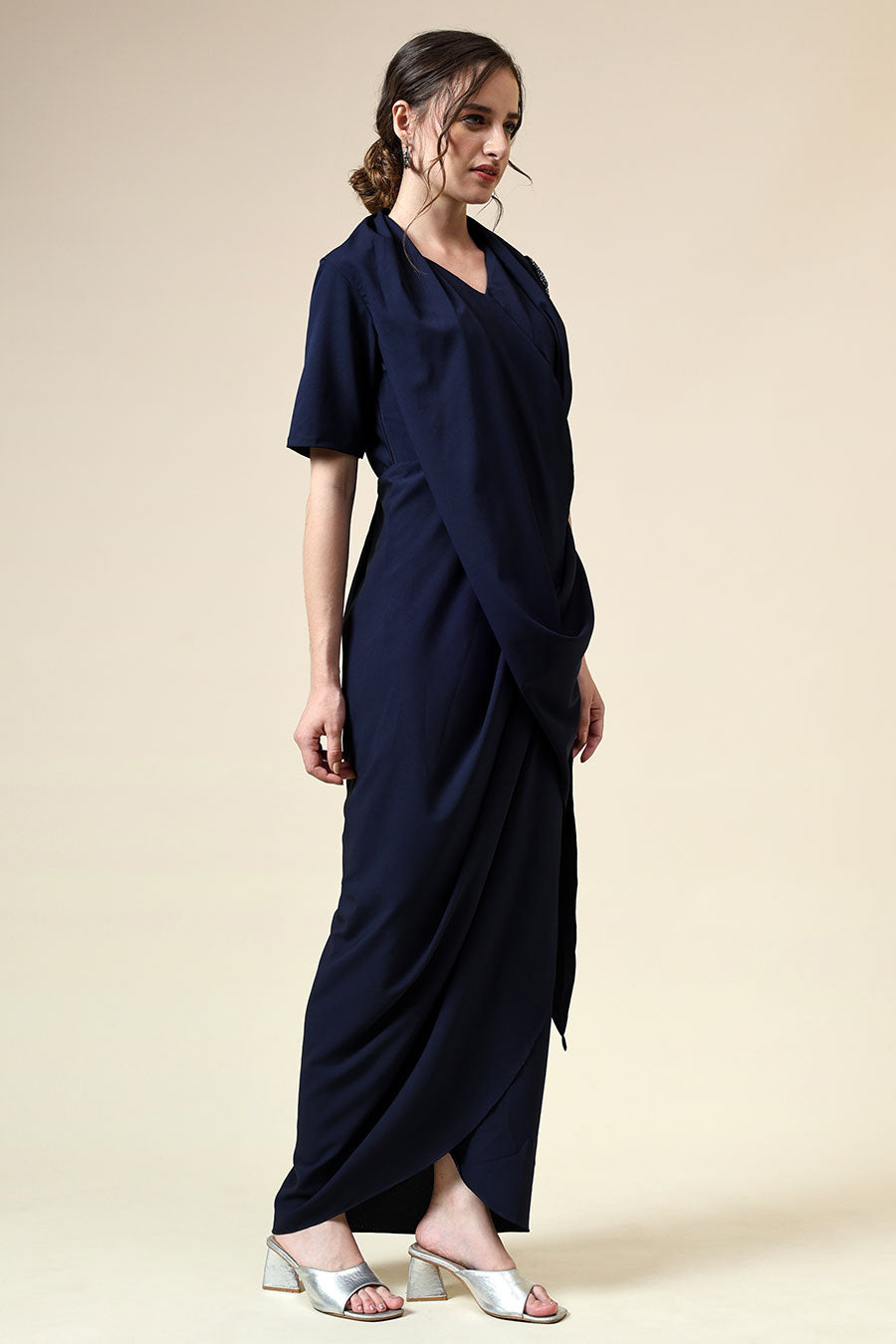 Navy Crystal Embellished Draped Dress
