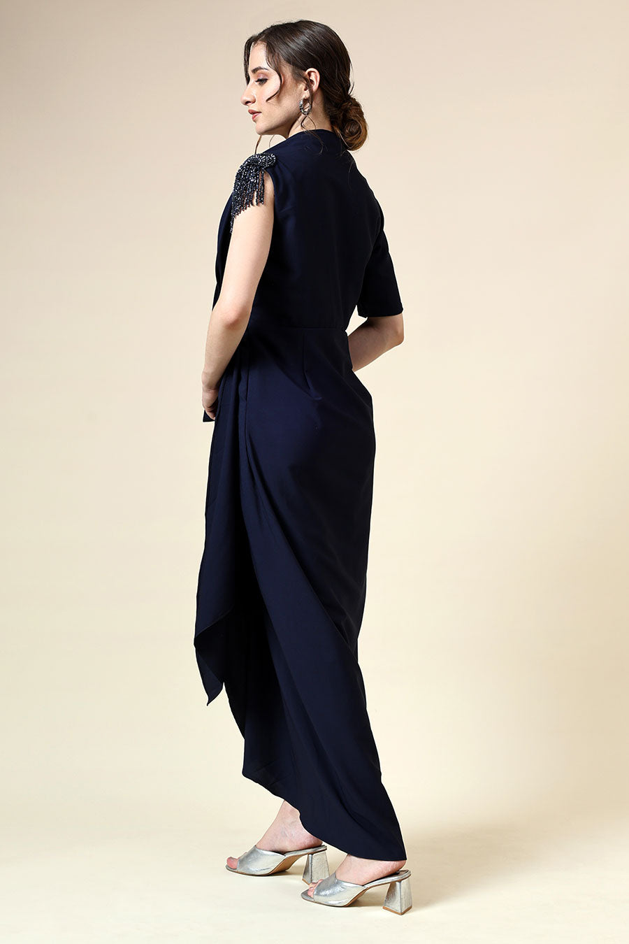 Navy Crystal Embellished Draped Dress