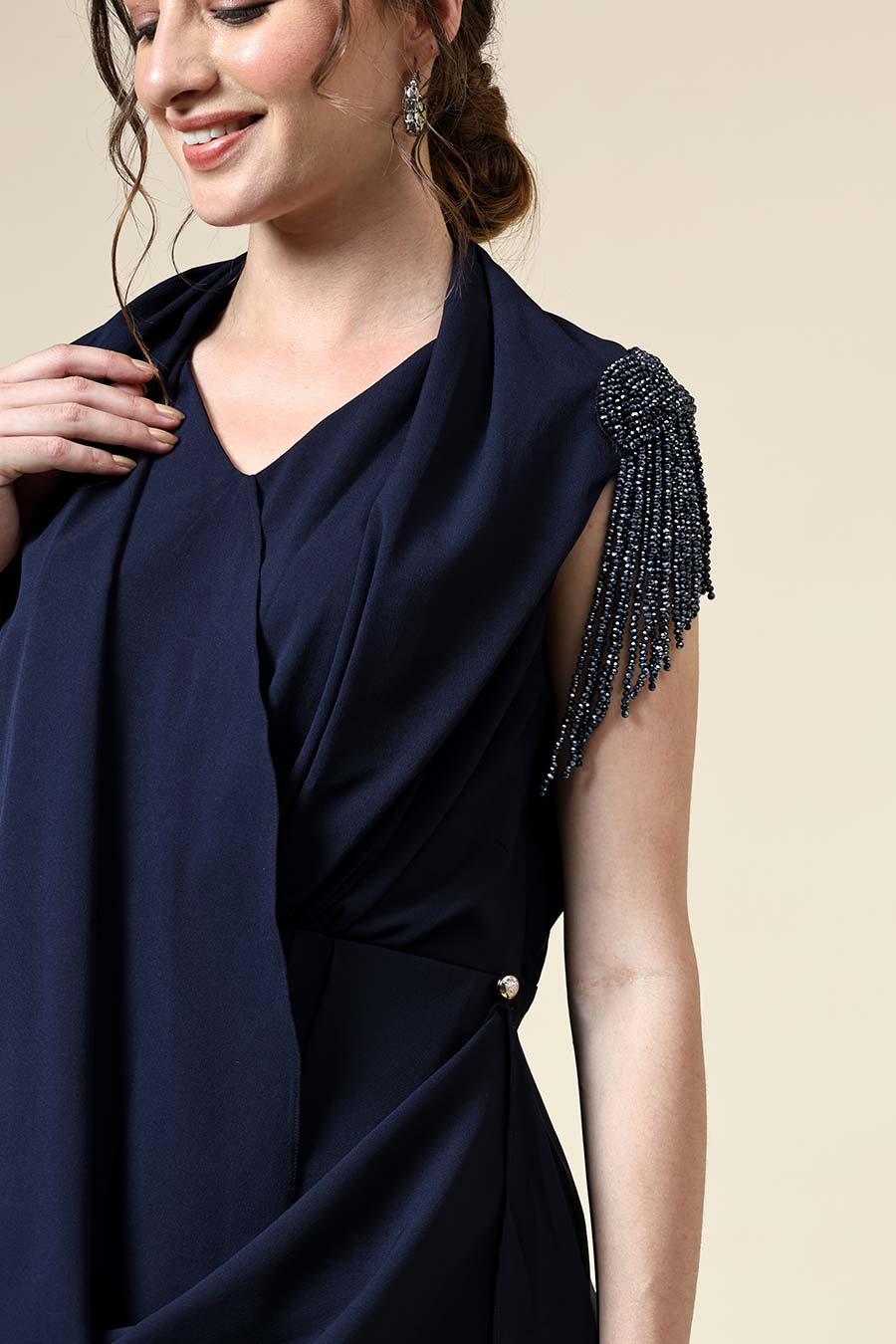 Navy Crystal Embellished Draped Dress