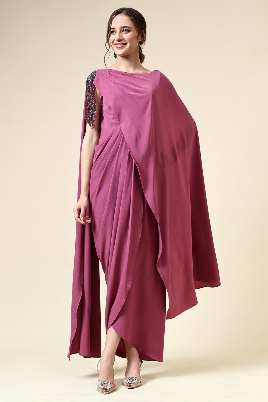 Berry Pink Fringe Embellished Drape Dress