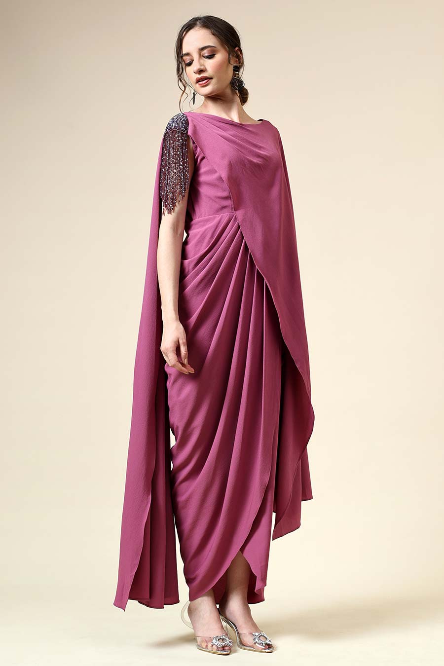 Berry Pink Fringe Embellished Drape Dress