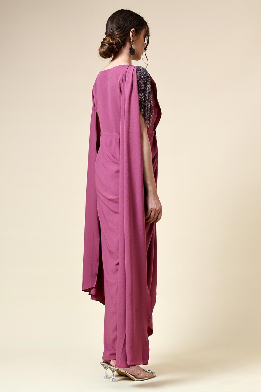Berry Pink Fringe Embellished Drape Dress