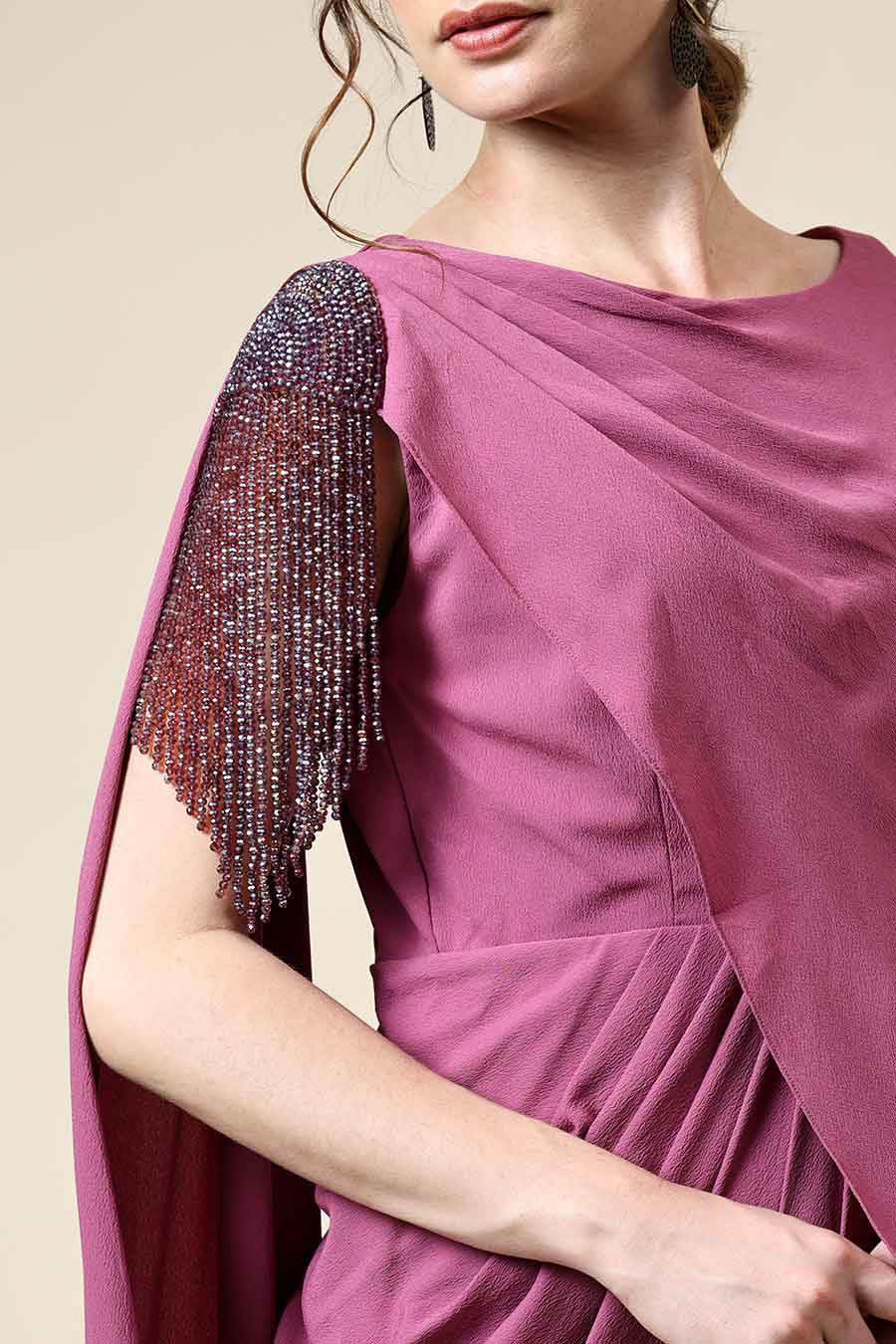 Berry Pink Fringe Embellished Drape Dress