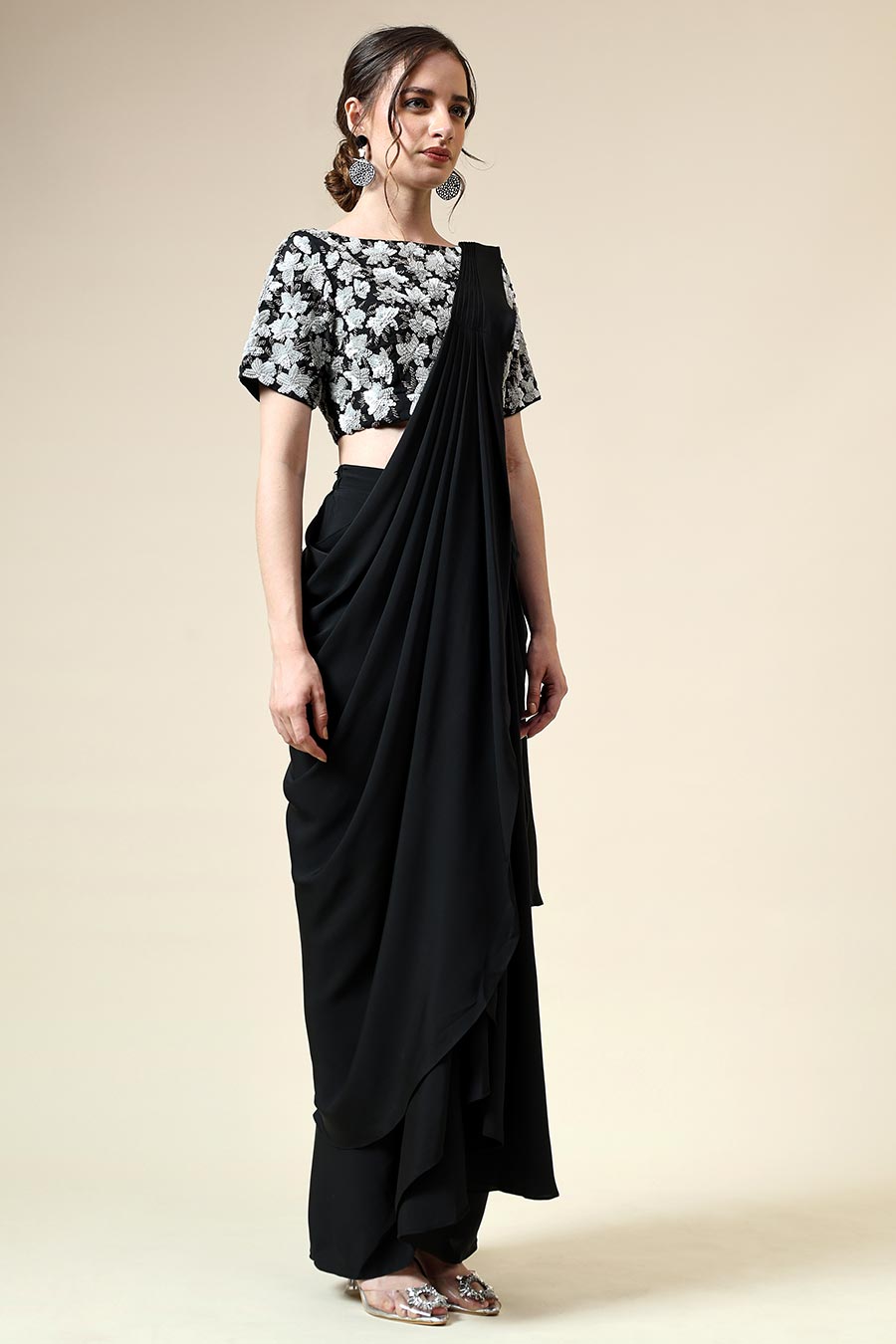 Black Pre-Draped Saree & Embellished Blouse Set