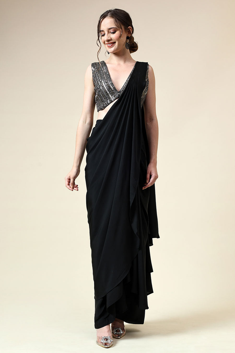 Black Pre-Draped Saree & Embellished Blouse Set