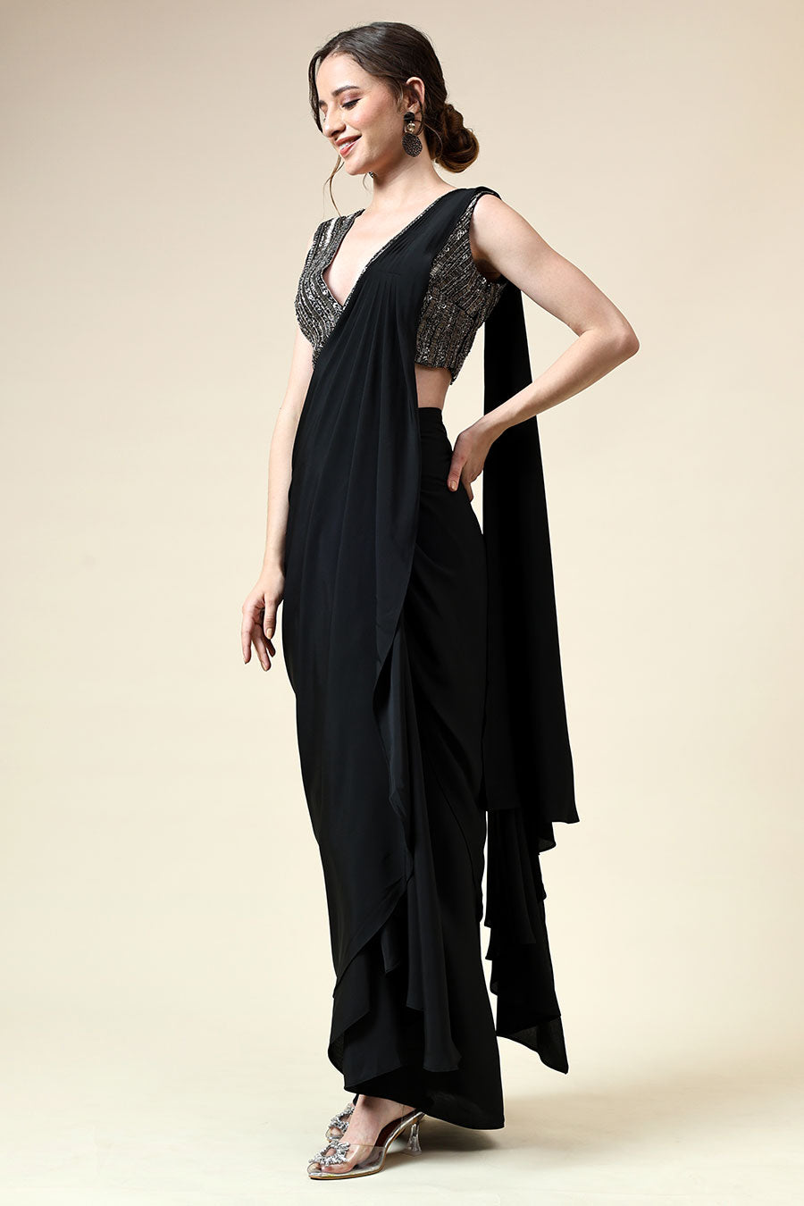 Black Pre-Draped Saree & Embellished Blouse Set