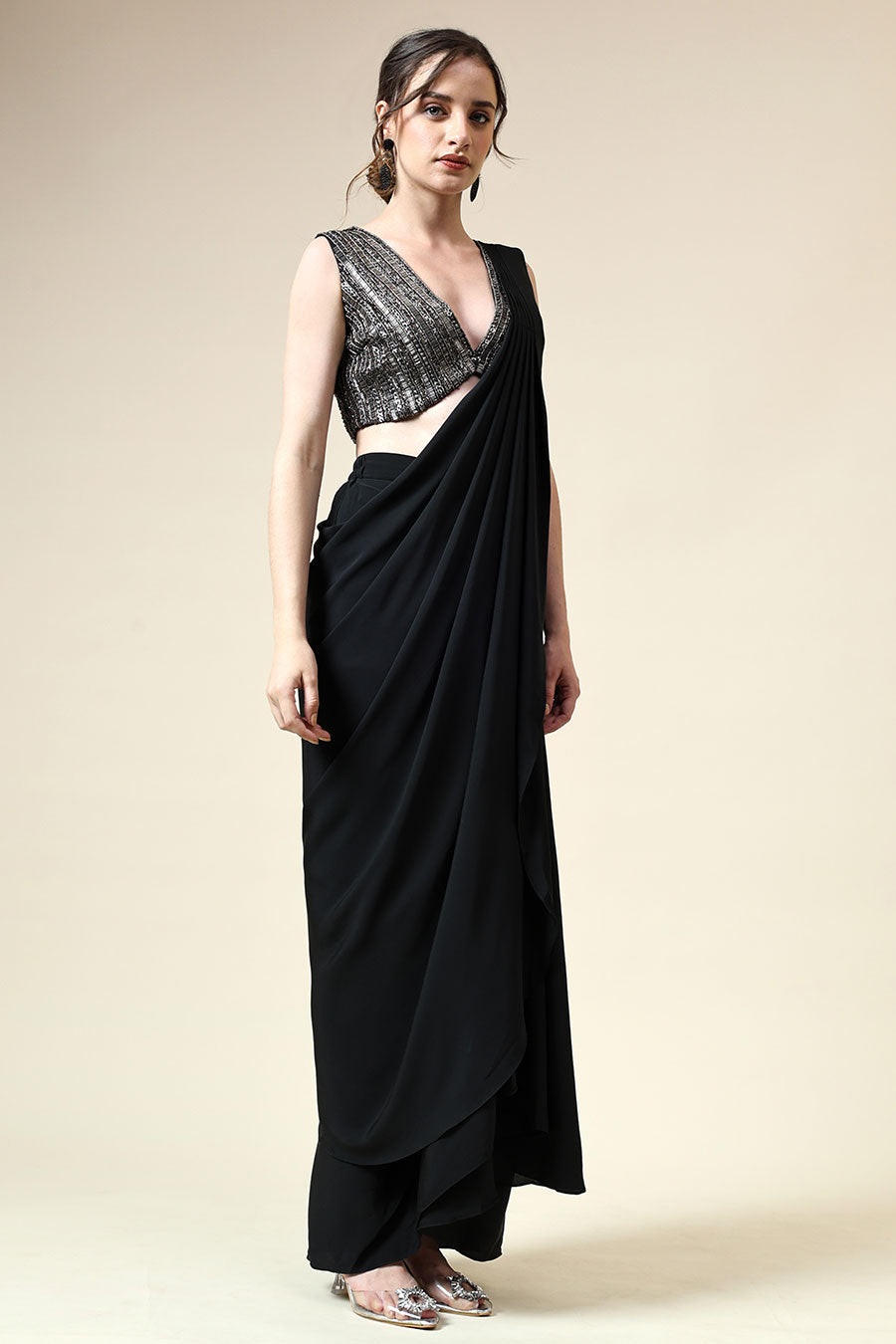 Black Pre-Draped Saree & Embellished Blouse Set