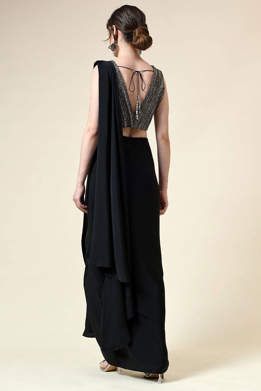Black Pre-Draped Saree & Embellished Blouse Set